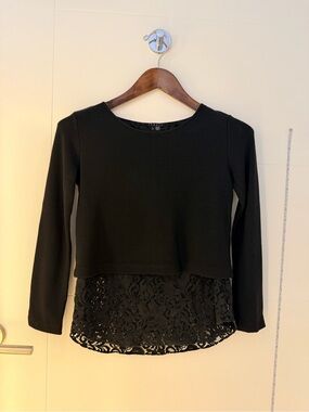 Theory Dark Navy Long-Sleeve Lace Hem Layered Top